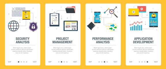 Wall Mural - Security, analysis, project, management, performance and development icons.