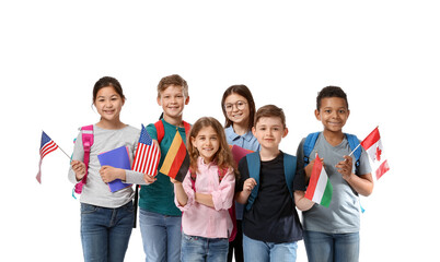 Wall Mural - Pupils of language school with different flags on white background