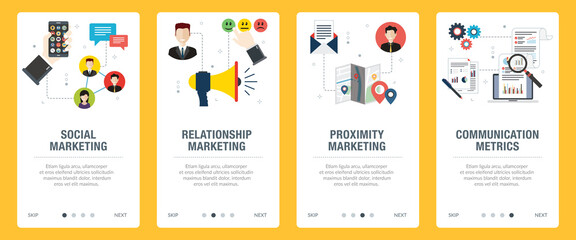 Concepts of social marketing, relationship marketing, proximity marketing and communication metrics. Web banners template with flat design icons in vector illustration.