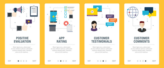 Concepts of positive evaluation, app rating, customer testimonials and customer comments. Web banners template with flat design icons in vector illustration.
