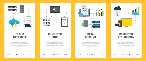 concepts of cloud data base, computer code, data hosting and computer technology. web banners templa