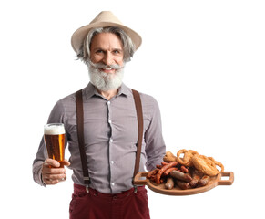 Senior man in traditional German clothes, with beer and snacks on white background