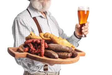 Man in traditional German clothes, with beer and snacks on white background