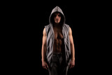Fototapeta Tęcza - Sport man Fighter Standing in Dark Room Isolated. UFC, Box, MMA Concept