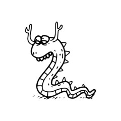 Wall Mural - a hand drawn illustration of a cute reptile monster. cute doodle cartoon drawing of a fantasy character in uncolored style. a funny element design.