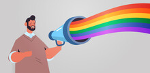 Man Announcing In Loudspeaker With Lgbt Rainbow Flag Gay Lesbian Love Parade Pride Festival Transgender Love Concept