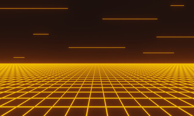 3D abstract retro background. Yellow grid lines.