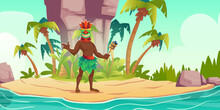 Tiki Man In Mask Holding Torch In Hand On Tropical Island, Aboriginal Native Male Character With Tribal Wooden Totem, Hawaiian Or Polynesian Personage With Toothy Face Cartoon Vector Illustration