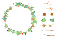 Watercolor Painting Of A Wreath With Ivy, Pine Cones And Red Berries.