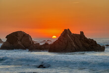 Lovely Sunset On A Rocky Beach At The Portuguese Atlantic Coast