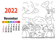 Calendar For 2022 With A Cute Character. Fairy Unicorn. Coloring Page. Fun And Bright Design. Isolated Color Vector Illustration. Cartoon Style.
