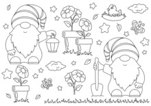 Set Of Cute Garden Gnomes With Shovel And Lantern. Coloring Book Page For Kids. Cartoon Style Character. Vector Illustration Isolated On White Background.