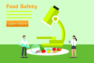 Food safety vector concept. Two scientists using magnifier to checking at vegetables on the plate while standing with microscope background