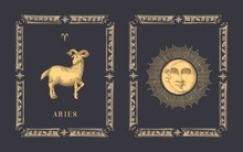 Aries Zodiac Symbol, Horoscope Card In Vector.