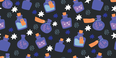 Seamless pattern with colorful magic cartoon bottles and love potions on black. Vector illustration. Magic elixir hand drawn pattern design on dark background. Scandinavian style magician pattern