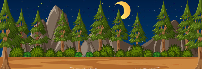 Wall Mural - Forest horizontal scene at night with many pine trees background