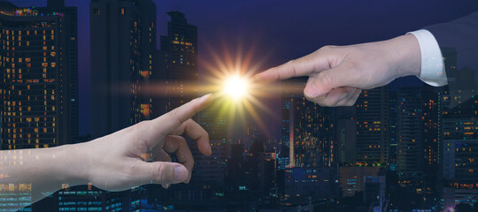Wall Mural - businessman's hand pointing to touch is a communication link.