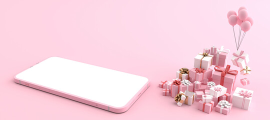 Wall Mural - 3D rendering of Smartphone white screen surrounded by White boxes floating by pink balloons. Concept of shopping on a mobile phone and Can fill the content on the white phone screen on pink background