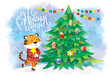 Happy New Year! A cute cartoon tiger in a sweater decorates the Christmas tree with toys and garland. Watercolor drawing. Russian lettering new year postcard. Christmas card.