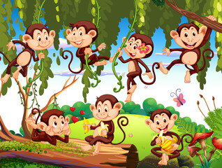 Wall Mural - Forest scene with funny monkeys cartoon