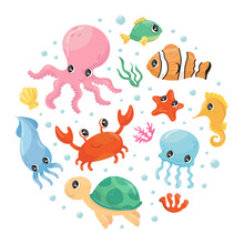 Cute Marine Animals In Circular Shape. Undersea World Poster, Card, Background Design Element Vector Illustration