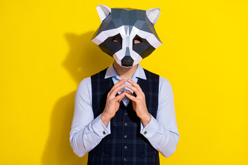 Photo of sneaky cunning playful manager hold fingers wear raccoon polygonal mask vest isolated yellow color background