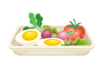 Canvas Print - Boiled egg with radish and tomato. Tasty food dish for breakfast vector illustration