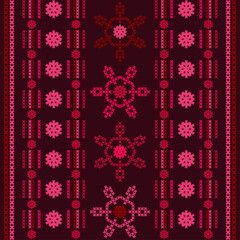 Christmas cross-stitch. Snowflakes. Seamless pattern. Holiday fabric. Vector illustration for web design or print.