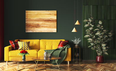 Interior design of modern apartment, yellow sofa in living room, dark green wall, wooden panelling, home design 3d rendering