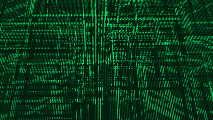 Abstract matrix. Computer code. Dark background of many green dots. Big data and cybersecurity. Data transfer. 3D