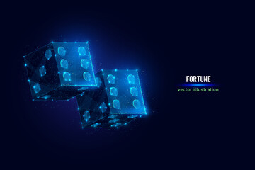 Two game dices with six dots digital wireframe. Symbol of fortune and luck low poly vector illustration on blue background.