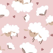 Cute Pattern With Lambs On A Soft Pink Background. Illustration For Textiles, Wrapping Paper, Wallpaper 