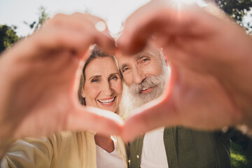 Sticker - Photo of lovely elder couple show heart wear shirt walk in park outside outdoors