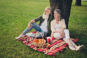 Poster - Photo of cheerful glad lover couple sit blanket relax picnic wear casual outfit nature park garden outside