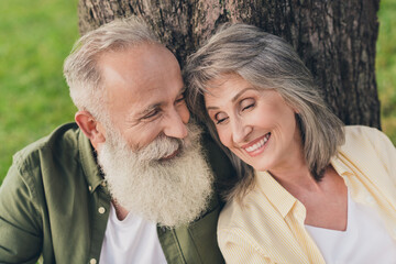 Poster - Photo of funky aged white hair couple wear casual shirts outdoors picnic in park