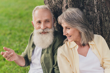 Sticker - Photo of happy old cheerful grey haired retired pensioner happy people sit tree enjoy vacation nature green spring outside outdoors in park