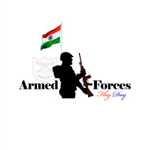 Armed Forces Flag Day Of India. Creative Card For Armed Forces Flag Day.  Illustration Of Indian Flag And Soldier Holding Gun.