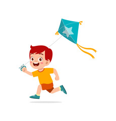 Canvas Print - cute little boy play kite outside and feel happy