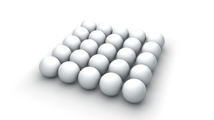 Wall Mural - 3d rendering of a set of twenty-five white spheres, evenly spaced on a white surface. A set of perfect geometric shapes.