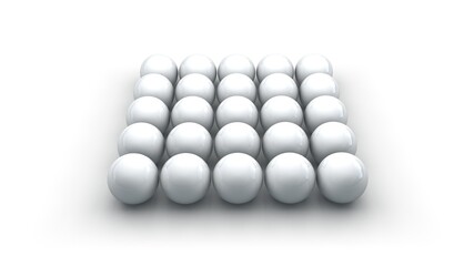 Wall Mural - 3d rendering of a set of twenty-five white spheres, evenly spaced on a white surface. A set of perfect geometric shapes.