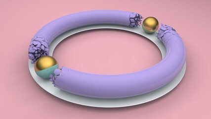 Wall Mural - 3d rendering of a purple ring and two spheres. The spheres break the ring into small fragments. Abstract 3d composition.