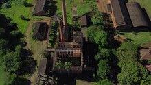 Abandoned Sugar Mill Partially Destroyed By Weather In Brazil. Drone Flight, 4k