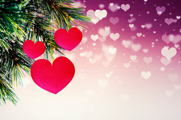 Wall Mural - Close up of heart ornaments decorating pine tree