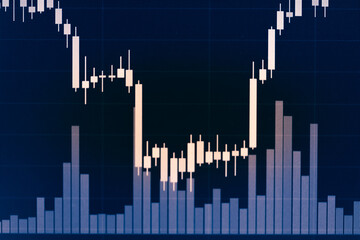 Abstract financial trading graphs and digital number of foreign exchange market trading on monitor. Background of gold and blue digital chart to represent stock market trend.	
