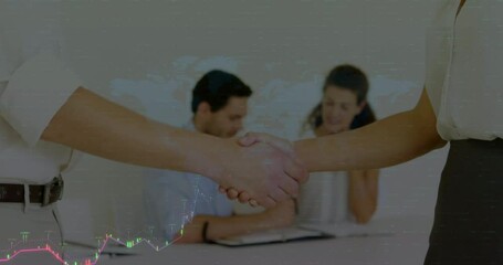 Sticker - Animation of statistics and financial data processing over business people shaking hands in meeting