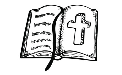 Open Holy Bible with crucifix. Scripture. Religion, church, Bible study concept. Vector Illustration in doodle style.