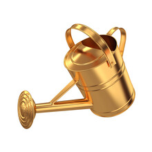 Metal Inclined Gold Watering Can On A White Background, 3d Render