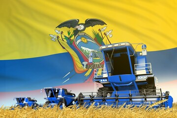 Wall Mural - industrial 3D illustration of blue farm agricultural combine harvester on field with Ecuador flag background, food industry concept