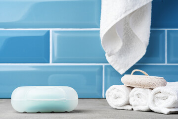 Wall Mural - Soap and toiletries on shelf in blue bathroom