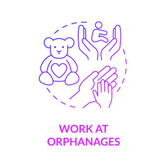 Volunteering at orphanages purple gradient concept icon. Charity help for kids. Support by donation, work abstract idea thin line illustration. Vector isolated outline color drawing